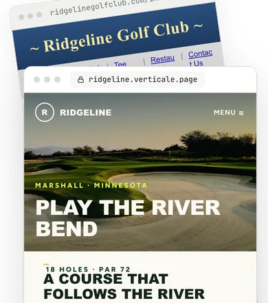 L’ancien site du Ridgeline Golf Club, avec ses prix et son numéro de téléphone surlignés, à côté de son nouveau site Verticale créé à partir des mêmes textes, prix et photos.