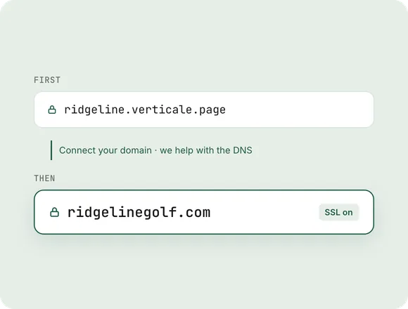La première adresse du site, ridgeline.verticale.page, puis son propre domaine, ridgelinegolf.com, avec le SSL activé.