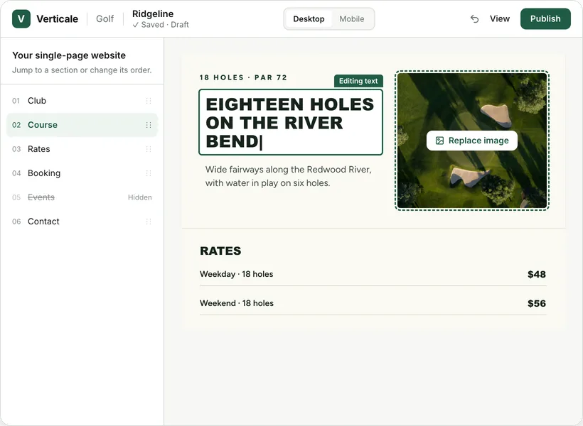 Le Studio qui modifie la section parcours de Ridgeline : un titre saisi sur place, un bouton Replace image sur la photo, et les sections de la page listées à gauche.