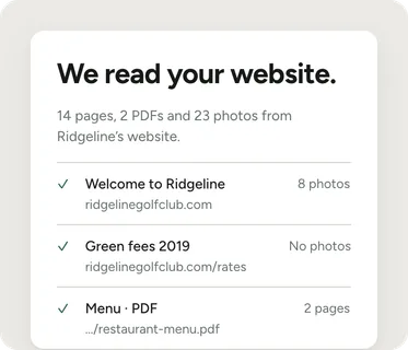 Un résumé de ce qui a été lu sur le site de Ridgeline : 14 pages, 2 PDF et 23 photos, chaque page listée avec son adresse.