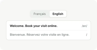 Un sélecteur Français et English au-dessus de la même phrase dans les deux langues, l’une à /en/ et l’autre à /.