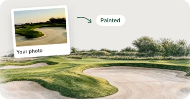 Une photo d’une fosse de sable et d’un vert, et la scène à l’aquarelle peinte à partir d’elle, au bas d’une page.