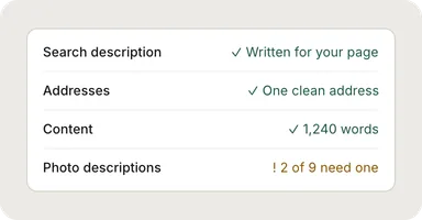 Une liste de contrôle SEO : description rédigée, une seule adresse propre, 1 240 mots de contenu, 2 photos sur 9 sans description.
