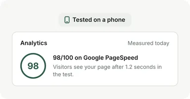Une carte des Statistiques testée sur mobile : 98/100 sur Google PageSpeed, les visiteurs voient la page après 1,2 seconde.