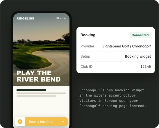 Le site de Ridgeline sur un téléphone avec la barre de réservation de départs de Chronogolf en bas, à côté des réglages de réservation : Lightspeed Golf / Chronogolf, widget de réservation, identifiant du club.