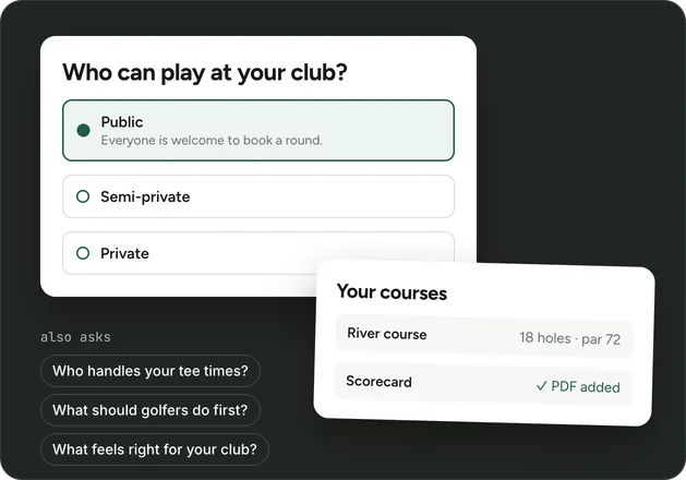 Les questions de configuration golf : qui peut jouer à votre club, avec Public sélectionné, vos parcours avec une carte de score en PDF, et les autres questions posées.